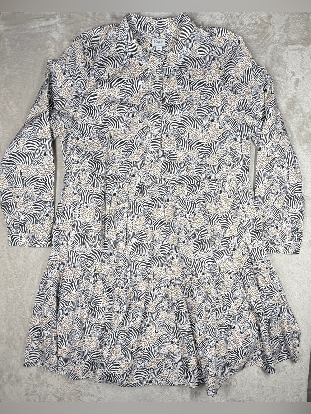 J.Crew Factory Animal Zebra Leopard Tiered Ruffle Cotton Blend Mini Dress L - Picture 2 of 16